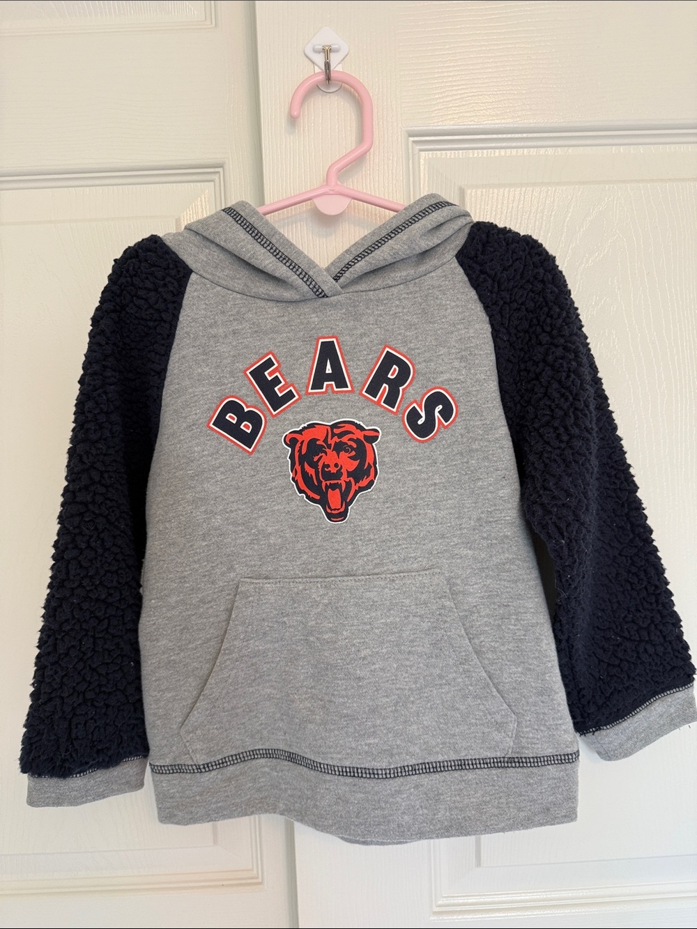 Kids Bears Graphic Hooded Sweatshirt - Gray & Navy Sherpa Sleeves